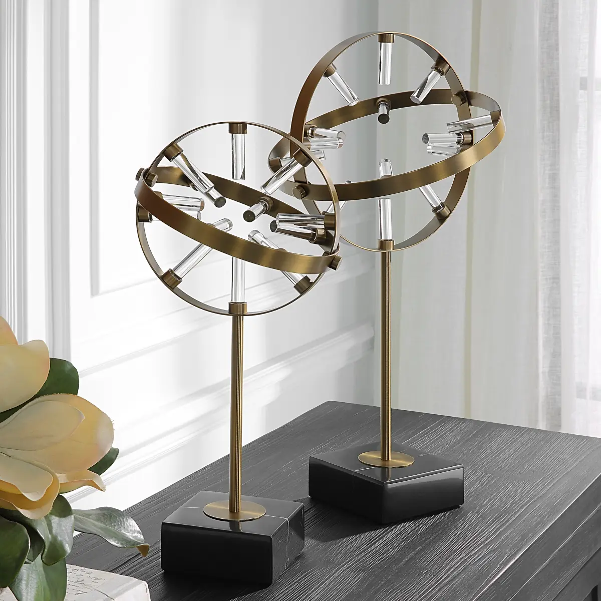 Uttermost 18087 Realm Spherical Brass Metal Marble Ball-and-Ring Alloy Statues - Set of 2, 11x22x5 in, Premium Alloy Artistic Decorative Statues for Room Decor, Contemporary Home Decor Collectibles, Ring Accents, 9 X 18 X 5 In