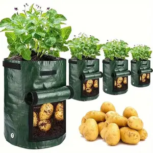 4 Heavy-Duty Pe Potato Planting Bags with Windows and Handles, 7/10 Gallon Raised Garden Pots, Drainage Holes, Indoor/outdoor Use, Potato Grow Bag