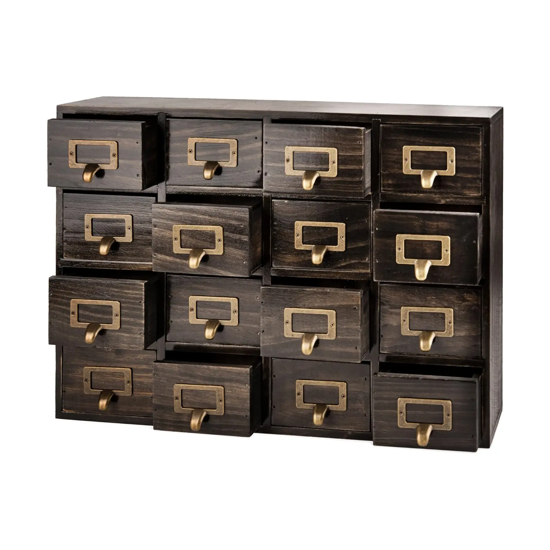Vintage 16-Drawer Dark Ash Solid Wood Desktop Card Catalog Cabinet - Apothecary with Label Holders, Compact Organization Solution for Modern Interiors