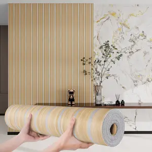 1 roll wood-grain slat-style wall sticker, self-adhesive coated wallpaper with waterproof and sound-insulating features. Textured design with a matte wood finish, easy to clean, install, and removable. Ideal for living room, bedroom, dining room, and ceil