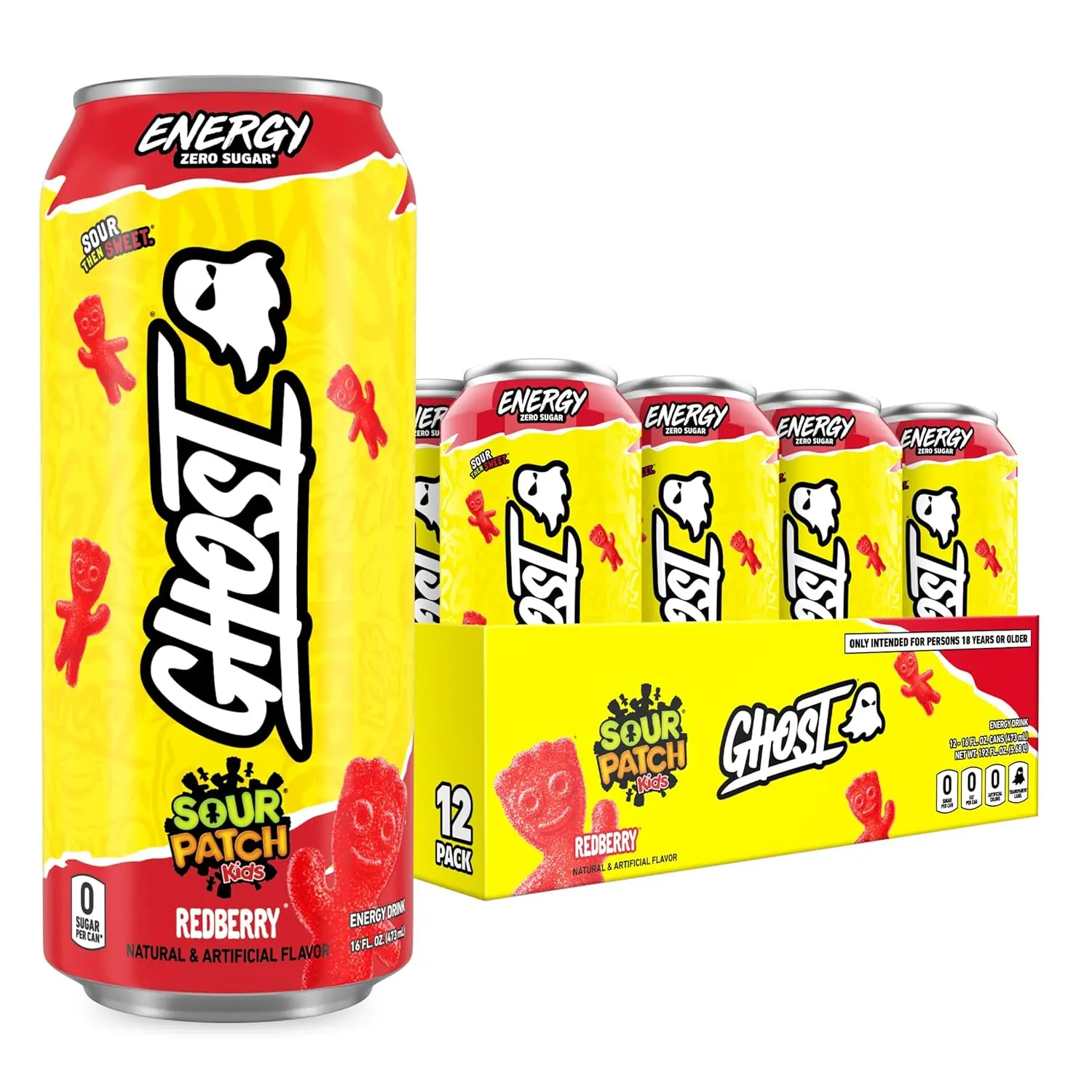 GHOST Energy Drink Beverage - 12-Pack, Sour Patch Kids Redberry Flavor, 16oz - 200mg Natural Caffeine, L-Carnitine, Taurine - Energy & Focus Support, No Artificial Colors - Gluten-Free, Vegan