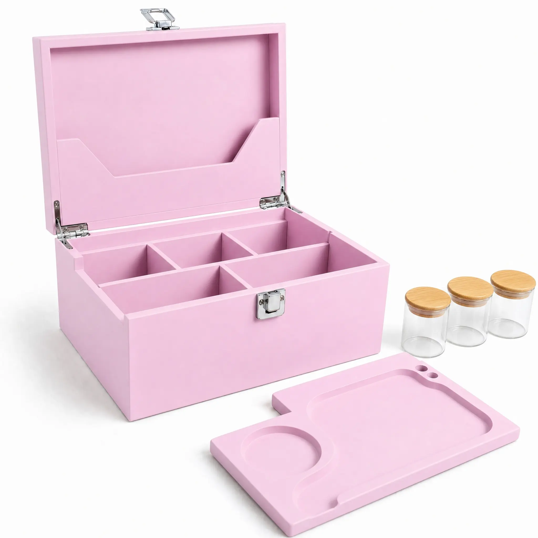Stash Box with Tray, Large Bamboo Storage Box with Removable Organizer Tray & Airtight Jars Set, Decorative Home Smell Proof Wooden Box for Men and Women (Pink)