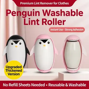 Cute Penguin Washable Lint Roller for Pet Hair & Lint Removal，Reusable Sticky Lint Remover Roll for Clothes & Furniture