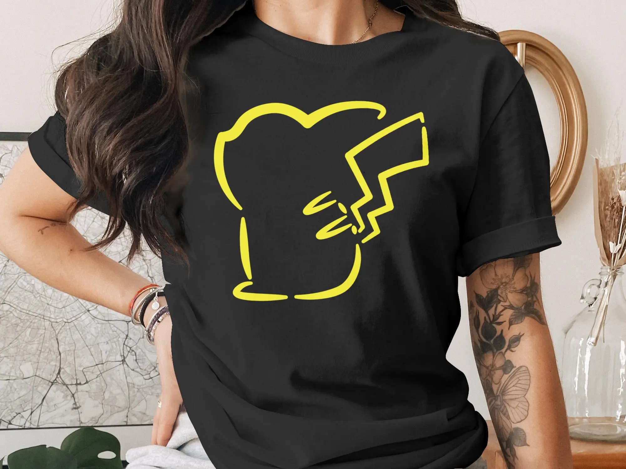 Women's Cotton Short-Sleeve Round Neck Printed Casual Pikachu Outline Fan Gift T-Shirt