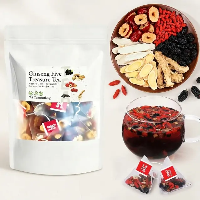 Kidney Tea Formula Ginseng 5-Treasure Natural Green Leaf Fruit & Herbal Tea Bags, Caffeine-Free Mulberry Red Date Detox Wellness Blend, Daily Cleanse Nourishing Beverage Revitalizer, Father's Day Gift (20/40/60 Bags) for Men & Women
