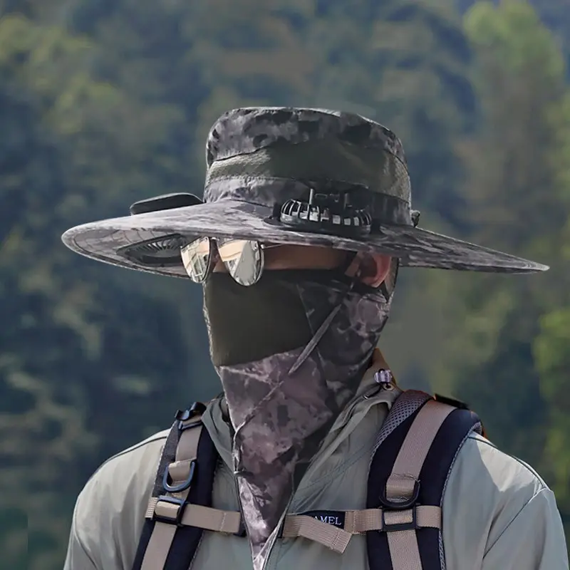 Dual Solar Powered Fan Camouflage Wide Brim Sun Hat with Neck Gaiter, Unisex UV‑Proof Cooling Hat for Outdoor Fishing Hiking Camping