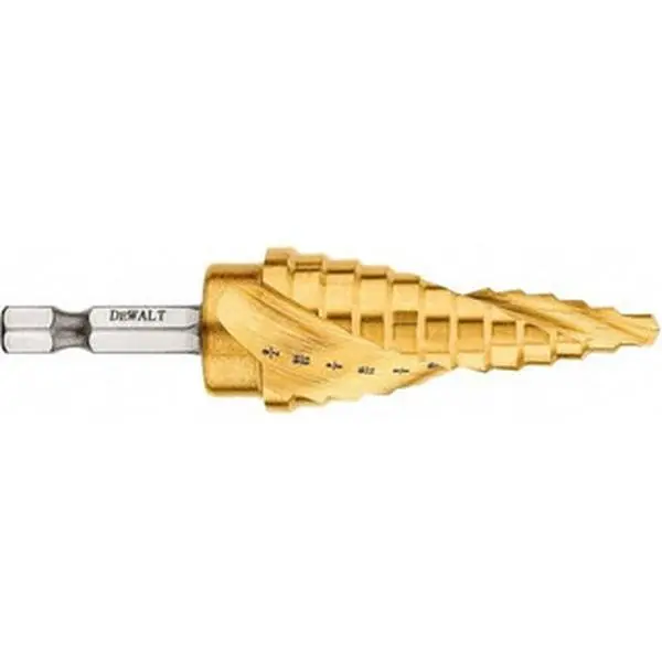 DEWALT High-Speed Steel Split Point Step Drill Bit - Model DWA1786IR, 12 Hole Sizes (3/16-7/8 in), 5/32 in Step Length, 1/4 in Hex Shank, TiN (Titanium Nitride) Finish
