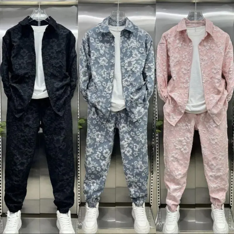 New  Relief Jacquard Shirt Jacket Two-piece Pants Set Trendy Brand High-end Casual Sports Suit Clothes Menswear Gamis Formal