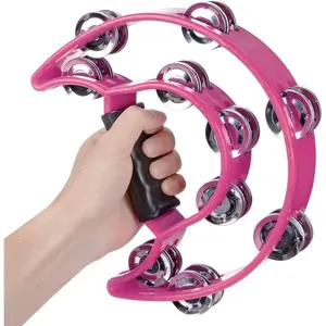 Musical Tambourine Half Moon Double Row Metal Jingles Hand Percussion Drum Ergonomic Handle for Party KTV Pink woman gift
