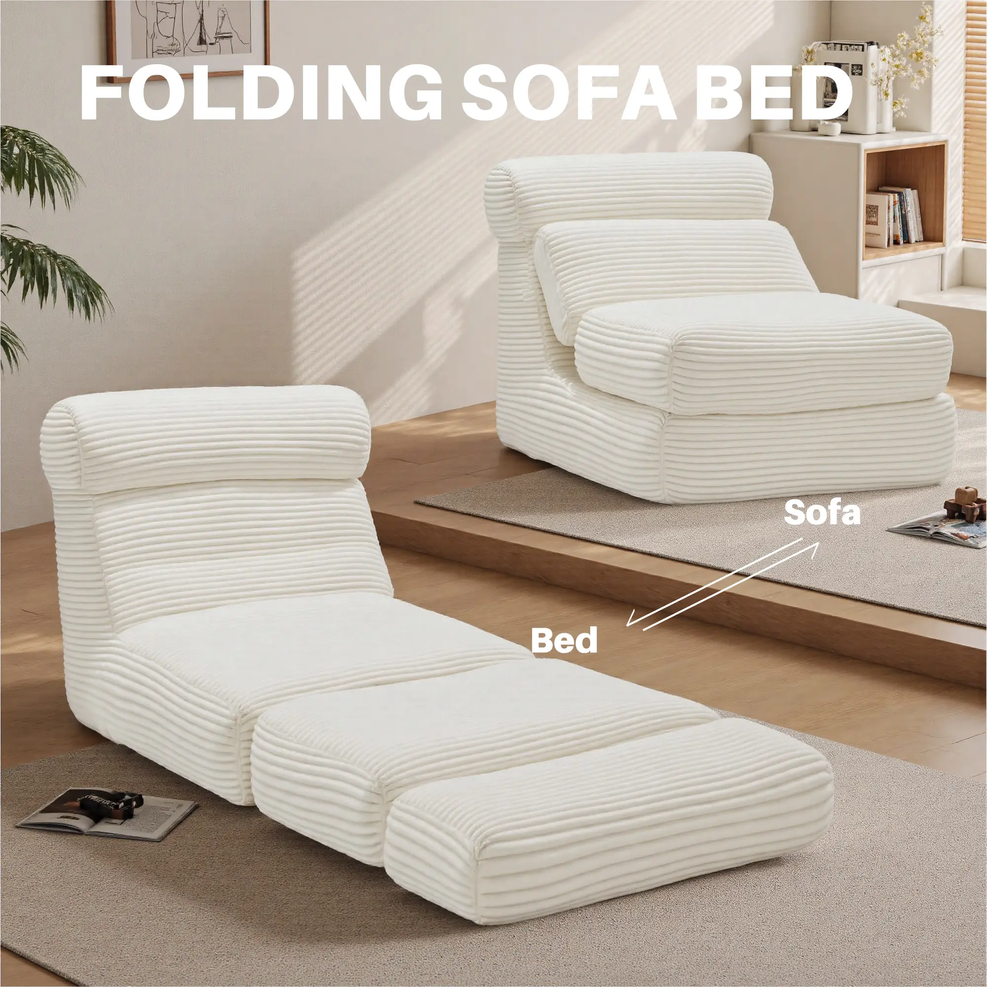 Convertible Sofa Bed Couch - Folding Sofa Bed in Corduroy, Space Saving Floor Bed for Living Room Bedroom