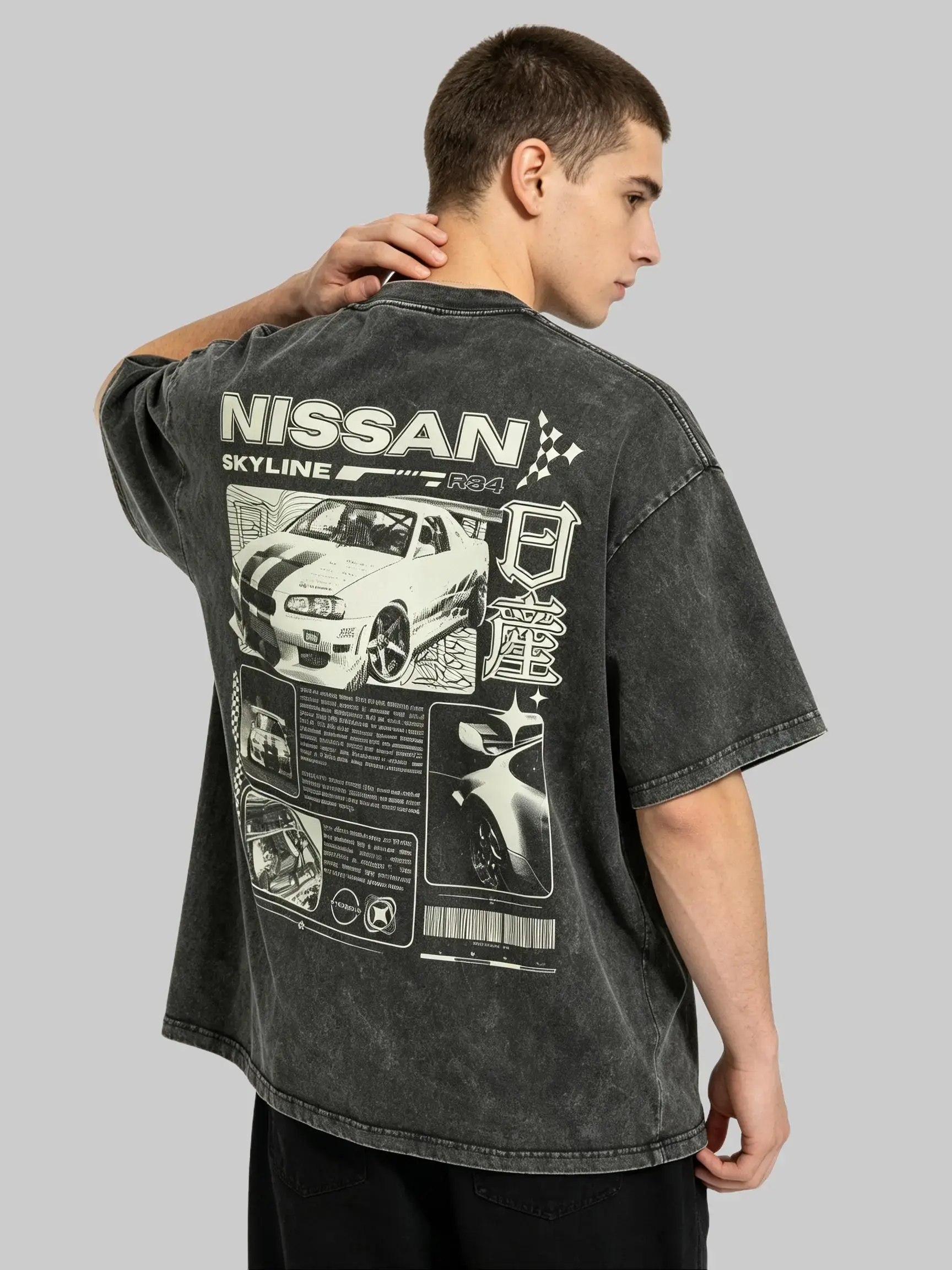 [BT] Vintage Washed Nissan Skyline JDM Oversized Car Graphic Double Sided Streetwear T-Shirt, Skyline Men's Graphic Tees Streetwear Outfits Men Vacation Outfits Oversized Tshirt Men Retro Deftones Tour