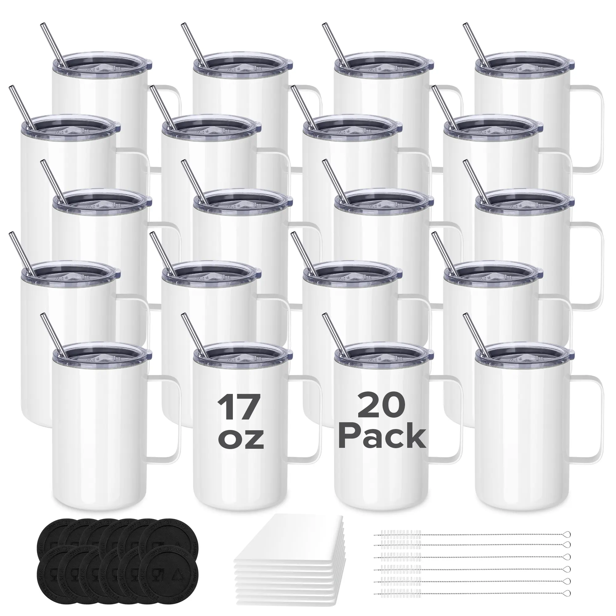 FASTSUB 17 oz Sublimation Vacuum Flask Tumbler Set (20-Pack) - Insulated Drinkware, Double Wall Anti-Leak Leak-Free Vacuum-Sealed Stainless Steel Cups with Lid and Straw for Tumbler Press, Oven, Anti-Leak Vacuum Flasks