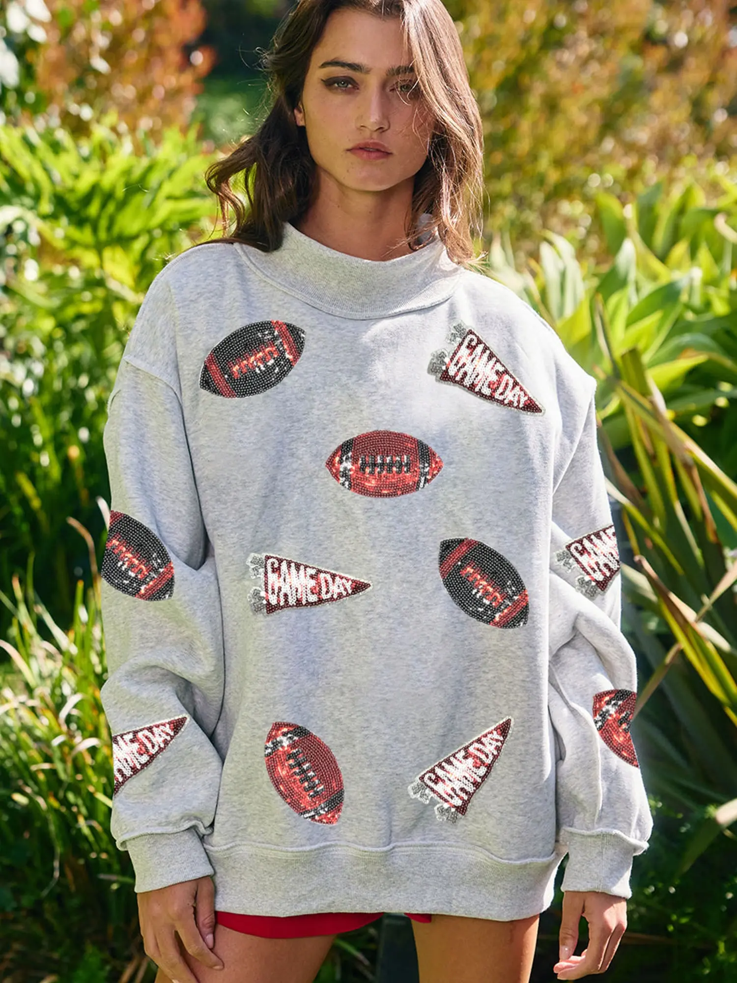 Women's Oversized Sequin Football Game Day Sweatshirt Long Sleeve Pullover Vintage Bling Graphics Tops for Football Season