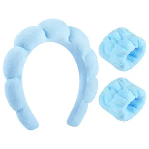 Sponge Spa Headband for Washing Face, Blue Skincare Headband and Wrist Washband Set Makeup Hairband for Girls Womens