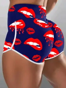 Plus Size Lip Print Skinny Casual Shorts, Fashion Contrast Binding High Waist Shorts, Women's Bottoms for Summer, Slim, Graphic Shorts, High Waisted Shorts