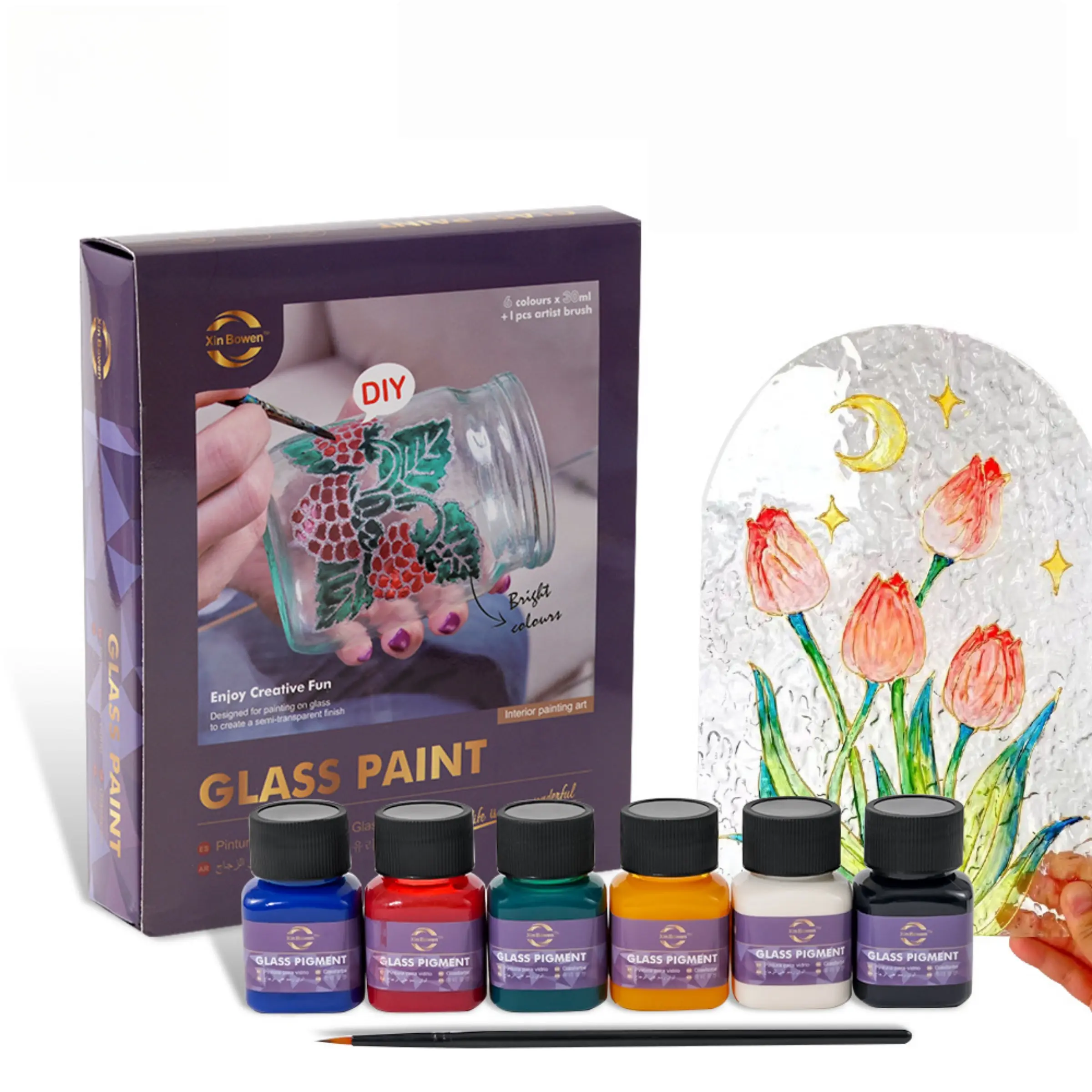 6 Color Glass Paint Set, Hand Drawn DIY Transparent Waterproof Glass Painting Kit, Painting Supplies, Includes Brushes, Perfect Gift for Art Lovers, Handmade Gifts