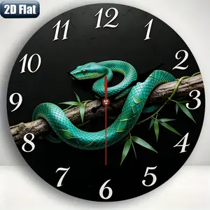 2D flat design. 1 piece set. Green snake wood grain emerald bamboo wall clock, silent decorative wall clock, creative wall clock, suitable for bedroom, living room, and office decoration, 25/30cm (excluding AA batteries), 2D flat version