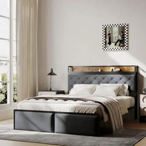 Storage Bed with Footboard Drawers & LED Platform, Modern Super King Size Bed Frame with Built-in Nightlight & Storage, Space-Saving Platform Bed Frame for Bedroom (Gray Color)