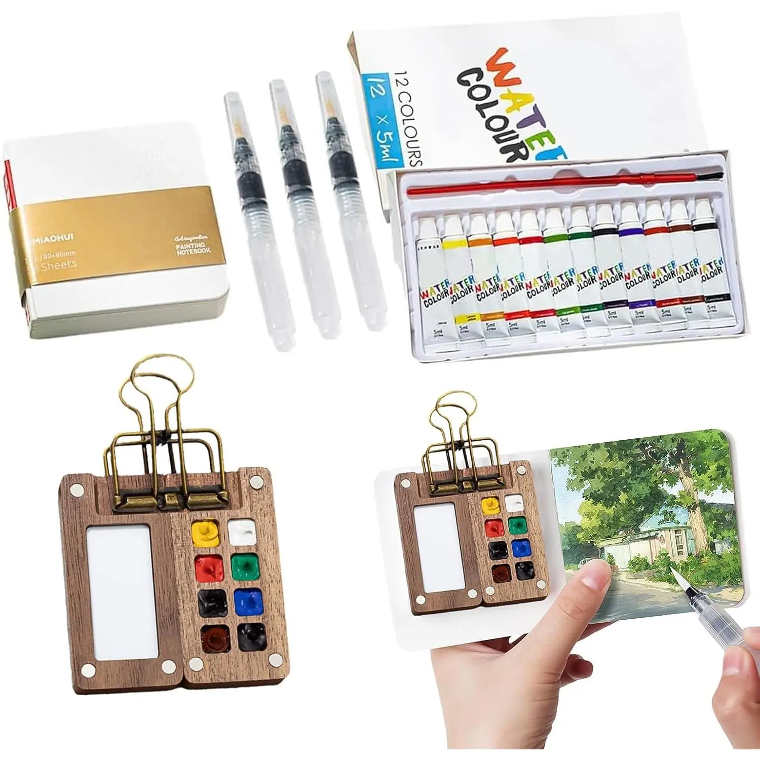 Travel Watercolor Palette Set, 12 Colors Mini Painting Kit, Pocket Watercolor Set with 8 Grids Wooden Watercolor  Box, Watercolor Sketch Book, 3 Brush Pens and a Clip for Artists Students