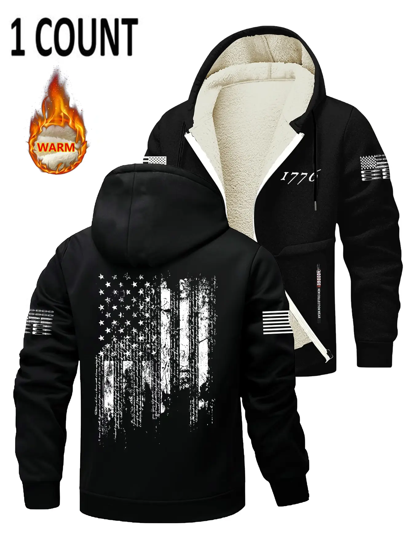 Men's Fleece Lined Zipper Graphic Print Street Fashion Hoodie Jacket, Flag Print Design, Soft Comfortable Fabric, Casual Fashion Outerwear for Fall & Winter Seasons