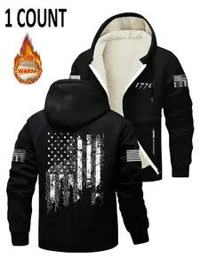 Men's Fleece Lined Zipper Graphic Print Street Fashion Hoodie Jacket, Flag Print Design, Soft Comfortable Fabric, Casual Fashion Outerwear for Fall & Winter Seasons