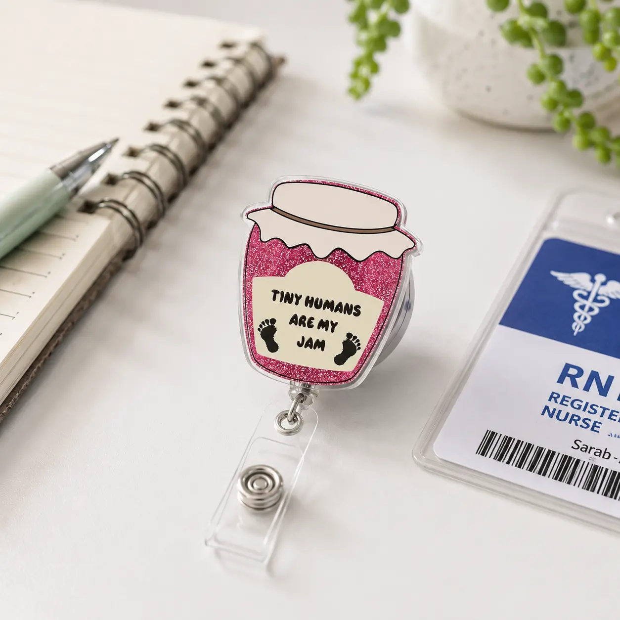 Cute Pediatric Nurse Badge Reel, Tiny Humans Are My Jam Retractable ID Holder, Pink Glitter Jar Nurse Badge Clip, Labor and Delivery Nurse Gift, Daycare Teacher Badge
