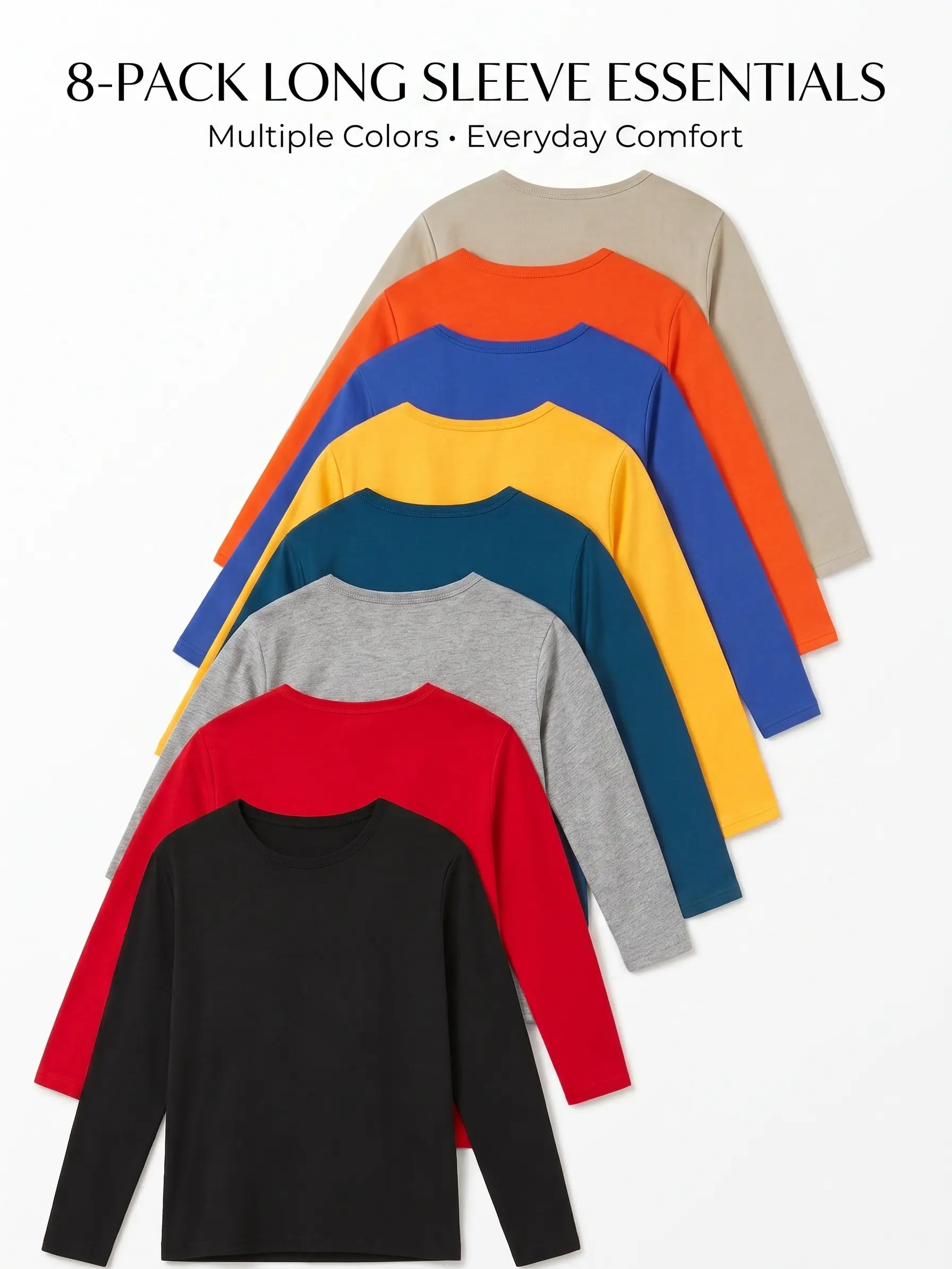 Kids Long Sleeve T-Shirts 5 or 8 Pack Boys Girls (Sizes 5-16) - Breathable Quick Dry Mesh Active Crew Neck Tops | Black White Multi Color School Uniform Undershirts Back to School Sports Essentials Everyday Casual Wear