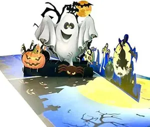 Halloween Cards,3D Pop Up Card Showing Ghost Pumpkin Witch Spider Bat Tombstone Skull Head House Moon Tree best Halloween Greeting Cards for Kids with Envelope 1Pack