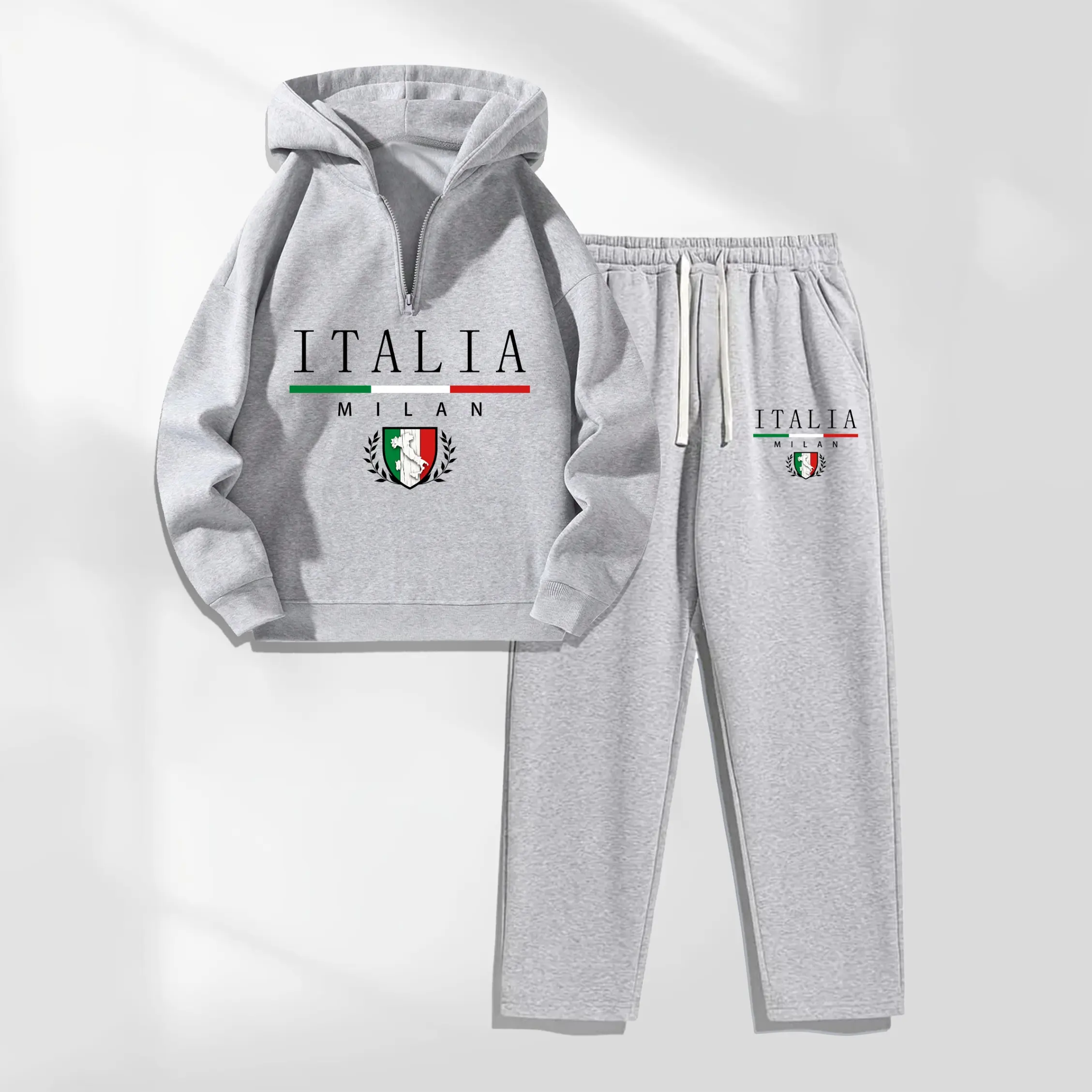 Men's 2-Piece Soft Polyester Italia Letter Pattern Hoodie Jumper & Drawstring Sweatpants Set - Longsleeve Casual Sports Athletic Hooded Top & Trousers for Fall, Winter Daily Wear
