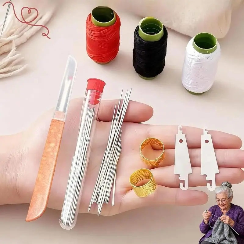 34-Piece Steel Needle Set Durable Easy Thread Large-Eye Hand Needles for Repair Quilting Embroidery Universal Sewing Tool Kit Includes Bobbins and Accessories