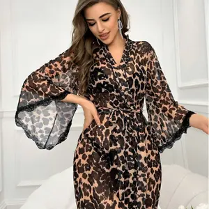 Women's Mesh Nightgown Sexy Slit Home Wear High-end Comfortable Breathable Leopard Print Robe