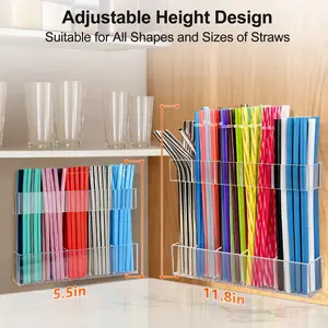 Adjustable Two-Part Large Clear Acrylic Straw Holder Ultra Sticky Adhesive Storage Organizer for Cabinet Door & Kitchen Cupboard Reusable Easy Install ultra sticky adhesive strip large acrylic straw holder