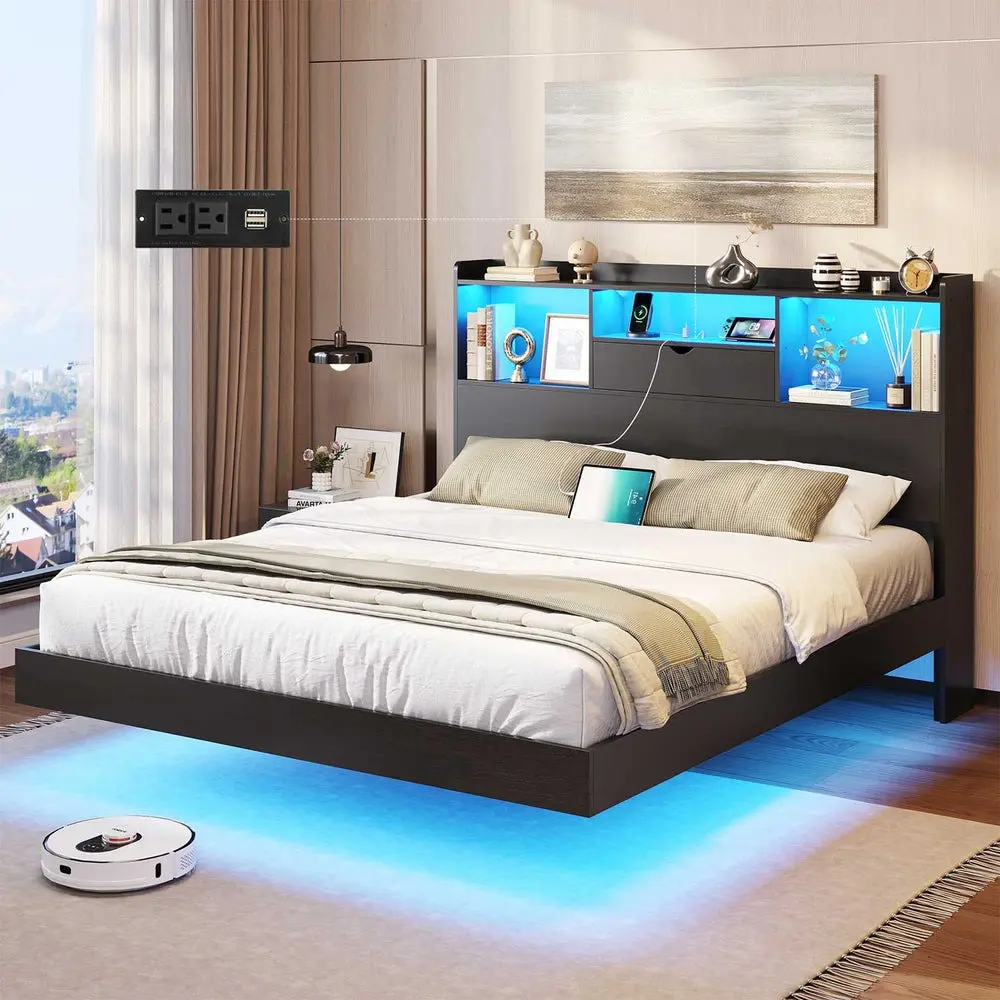 [SummerSale] Sikaic Queen Floating Bed Frame with LED Lights and Storage Headboard, Visual Floating Bed with Charing Station, Queen Size Metal Platform Bed with Stable Structure, No Box Spring Needed, Home Furniture, Dorm Essentials