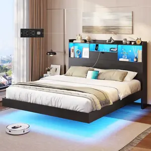 Sikaic Queen Floating Bed Frame with LED Lights and Storage Headboard, Visual Floating Bed with Charing Station, Queen Size Metal Platform Bed with Stable Structure, No Box Spring Needed, Easy Assembly