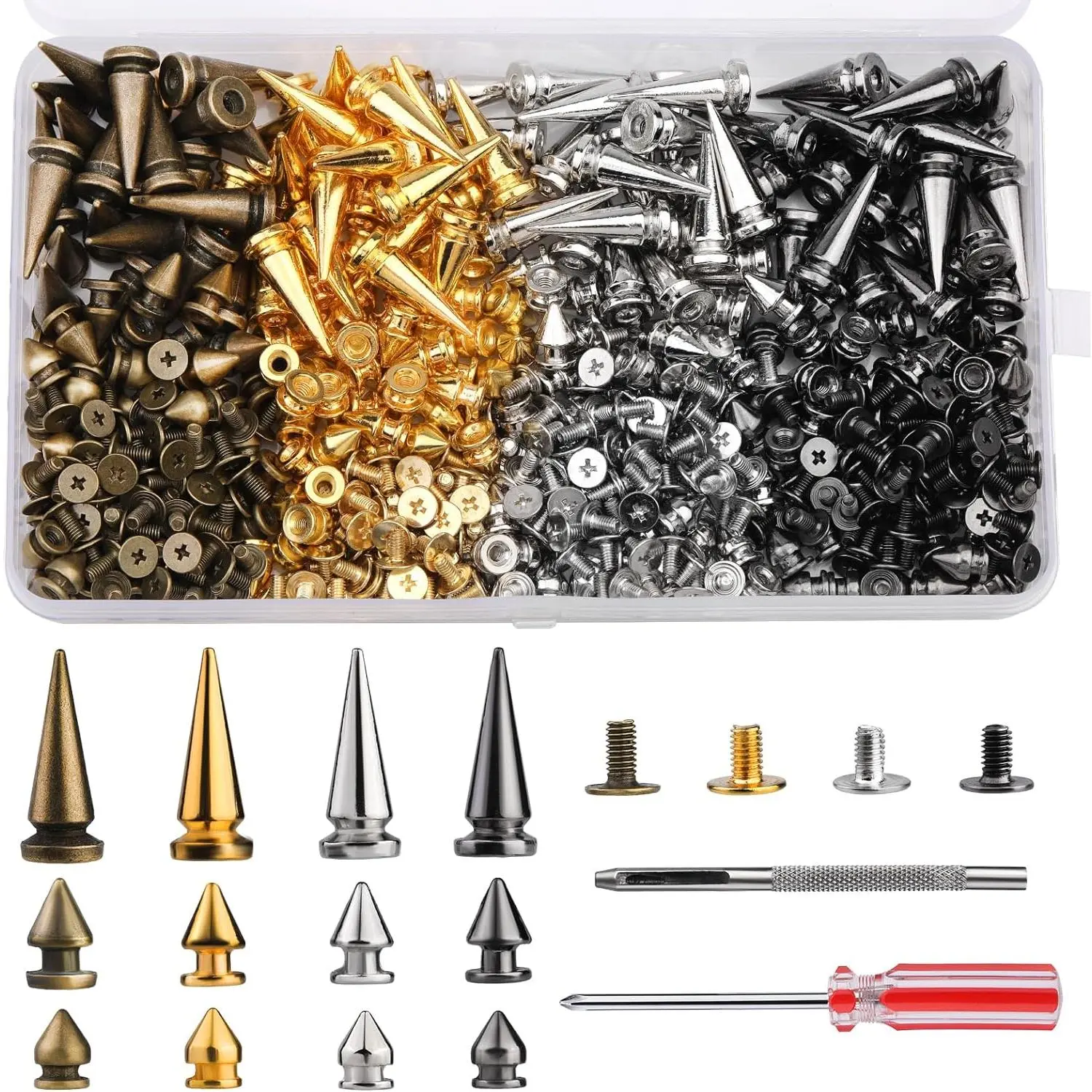 240 Sets Punk Spikes and Studs Kit, 4 Colors Cone Spikes, 3 Sizes Metal Tree Spikes Screwback Studs for DIY Leathercraft and Punk Style Clothing Accessories