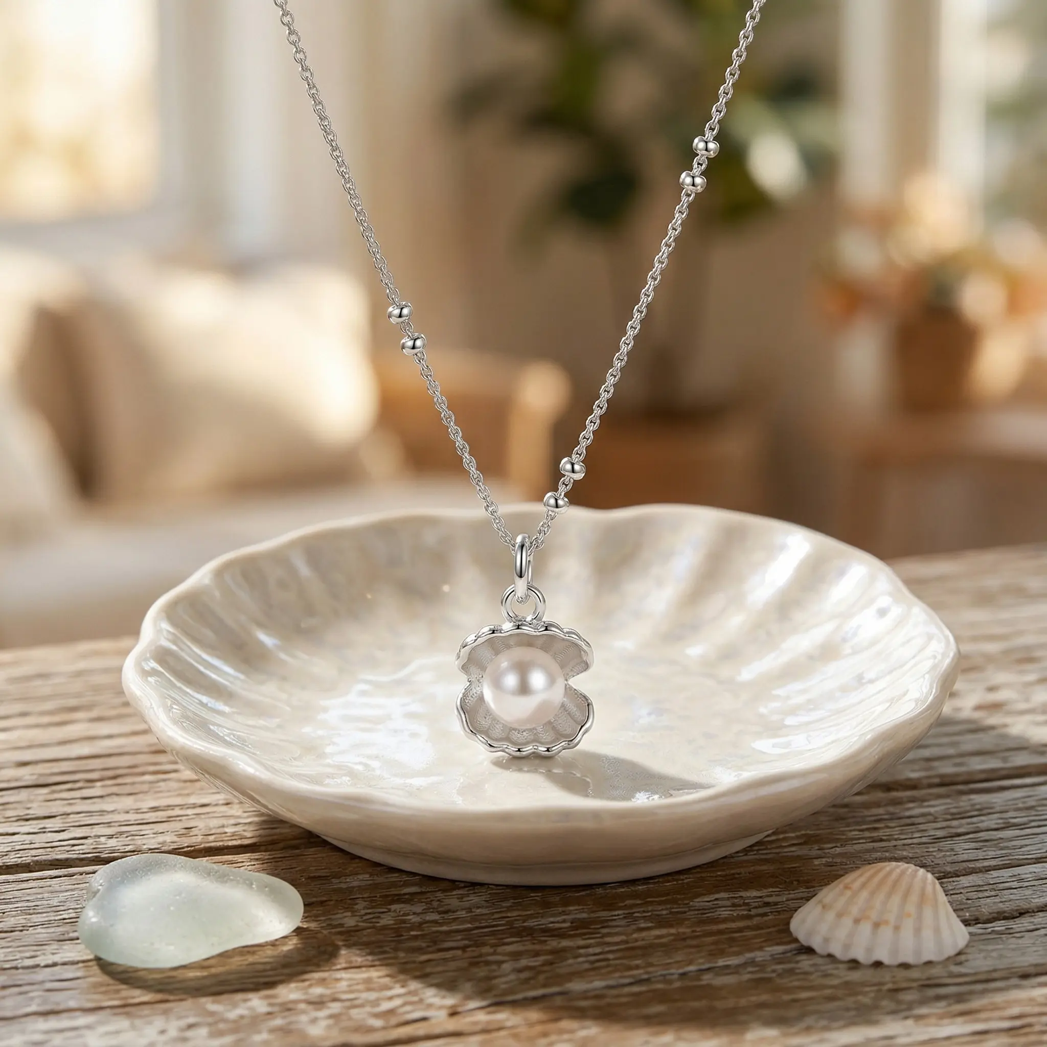 Women's 925 Silver-Plated White Copper Jewellery Pendant Pearl Necklace, 60-Degree Half-Open Natural Shell-Pearl, Subtle Sparkle, Bead Accent, Minimalist Unique Design, Lightweight, Adjustable Length, Not Flashy, Anniversary Daily Casual Clavicle Necklace