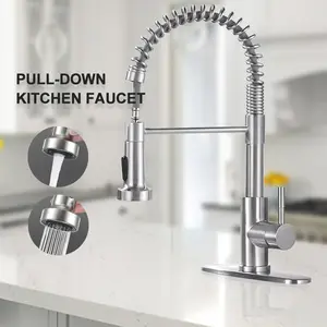 Kitchen Faucet with Pull Down Sprayer, Spring Single Handle Kitchen Sink Faucets Modern Black Pull-Out Spring Stainless Steel Kitchen Faucets for Camper Farmhouse RV Bar Kitchen Sinks