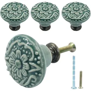 Green Ceramic Knobs and Pulls for Drawer Dressers Cupboard Closet, 1.3Inch/34mm Diameter Cabinet Hardware, Pack of 4Pcs