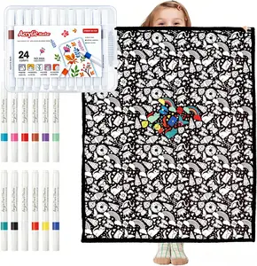 DIY Coloring Sherpa Blanket Kit for Kids - Large Washable Blanket with 24 Acrylic Markers, Soft Flannel-Back Canvas Art Kit, Creative Family Activity & Gift for Boys Girls