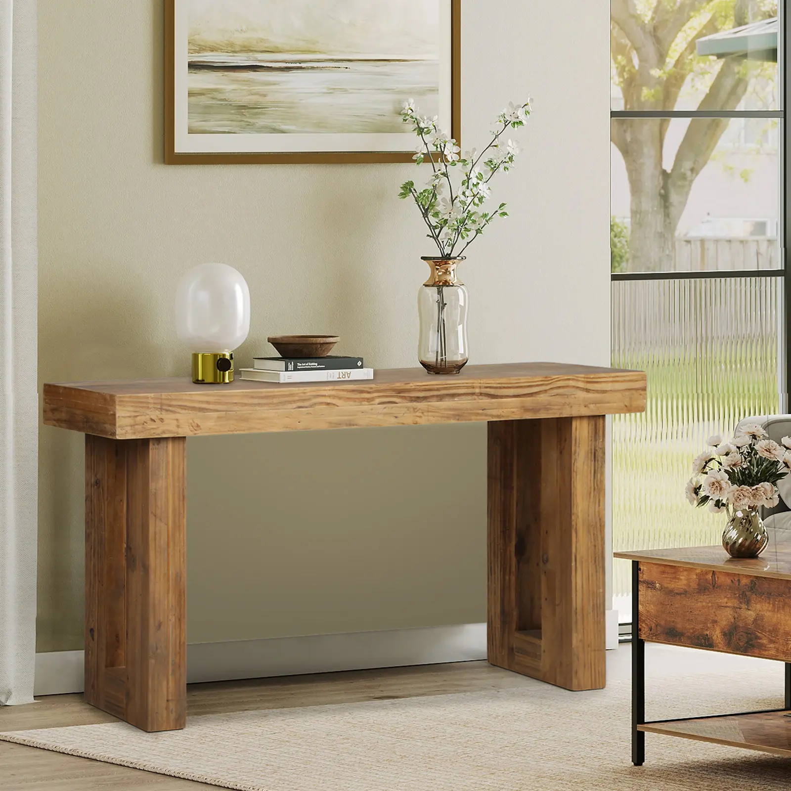 PieDle Furniture Solid Wood 59" Console Table, Farmhouse Inspired 63" Entryway Table, Rectangular Table for Couch Rear, Accent Table for Hallway, Entrance, Foyer