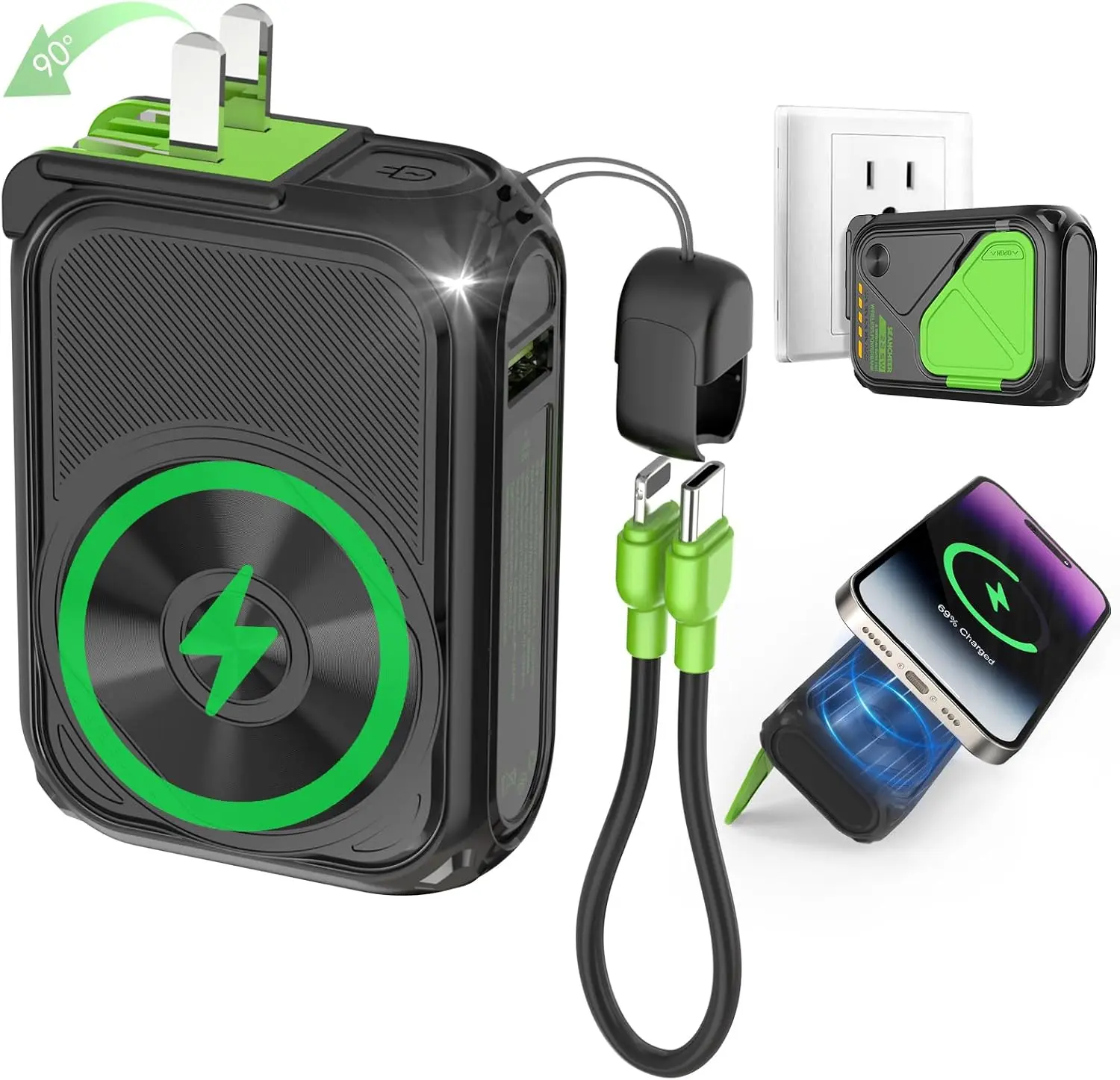 SEANCHEER P05 10000mAh Portable Magnetic Wireless Charger with Lanyard, Built-in Cable, Foldable Wall Plug, Fast Charging Battery Pack, Mobile Phone Accessories, Cool Gadgets for iPhone, Samsung, Android, Portable Charger