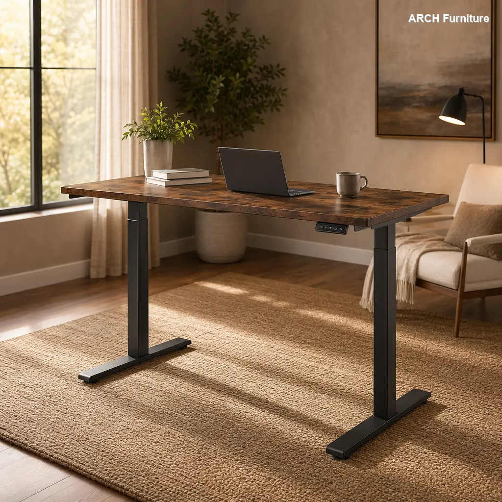 48"x24" Rustic Brown Freestanding Metal&Wood Electric Standing Desk, Height-Adjustable Computer Table with Auto-Lower, Adjustable Work Table for Home Office Workstation Modern Wood Desk Ergonomic Desk