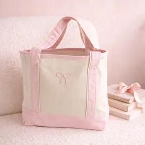 Embroidered Name Canvas Tote Bag, Pink Coquette Bow Accent, Personalized Gift Handmade Woven Bag Straw Boho Bag