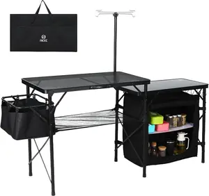 Camping Kitchen Table, Portable Folding Camp Cook Station, Storage Organizer, with Light Poles, Storage, Side Bag, Side Hooks, for Outdoor, Picnic, Beach, RV Traveling (Black)