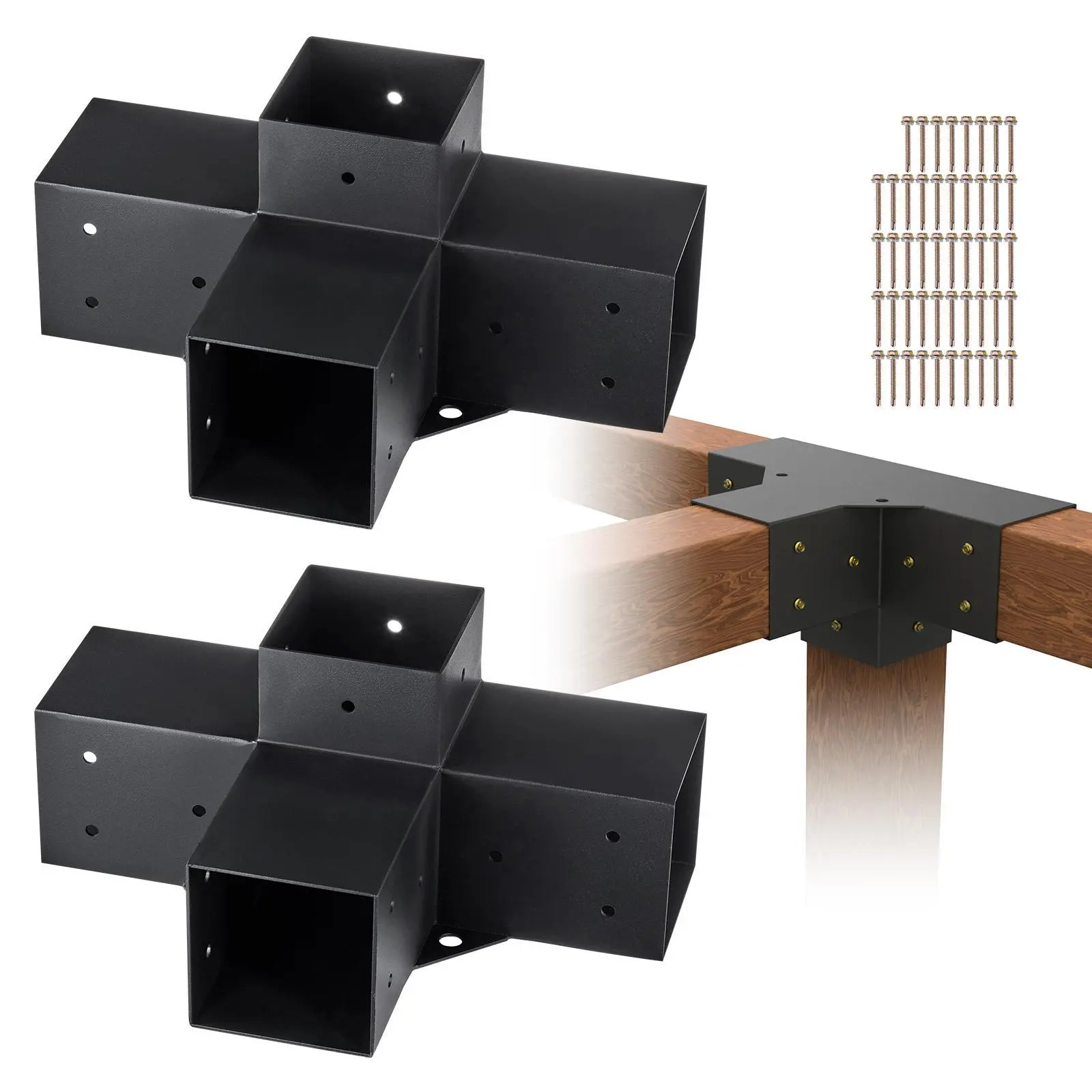 VEVOR Pergola Bracket Kit 4''x4'',  2pcs 4-Way Heavy Duty Corner Bracket Woodworks DIY Post Base Kit, Easy Installation Wooden Beams for Gazebos, Patio Pergolas, Log Cabin Outdoor Pergola Hardware#BackToSchool