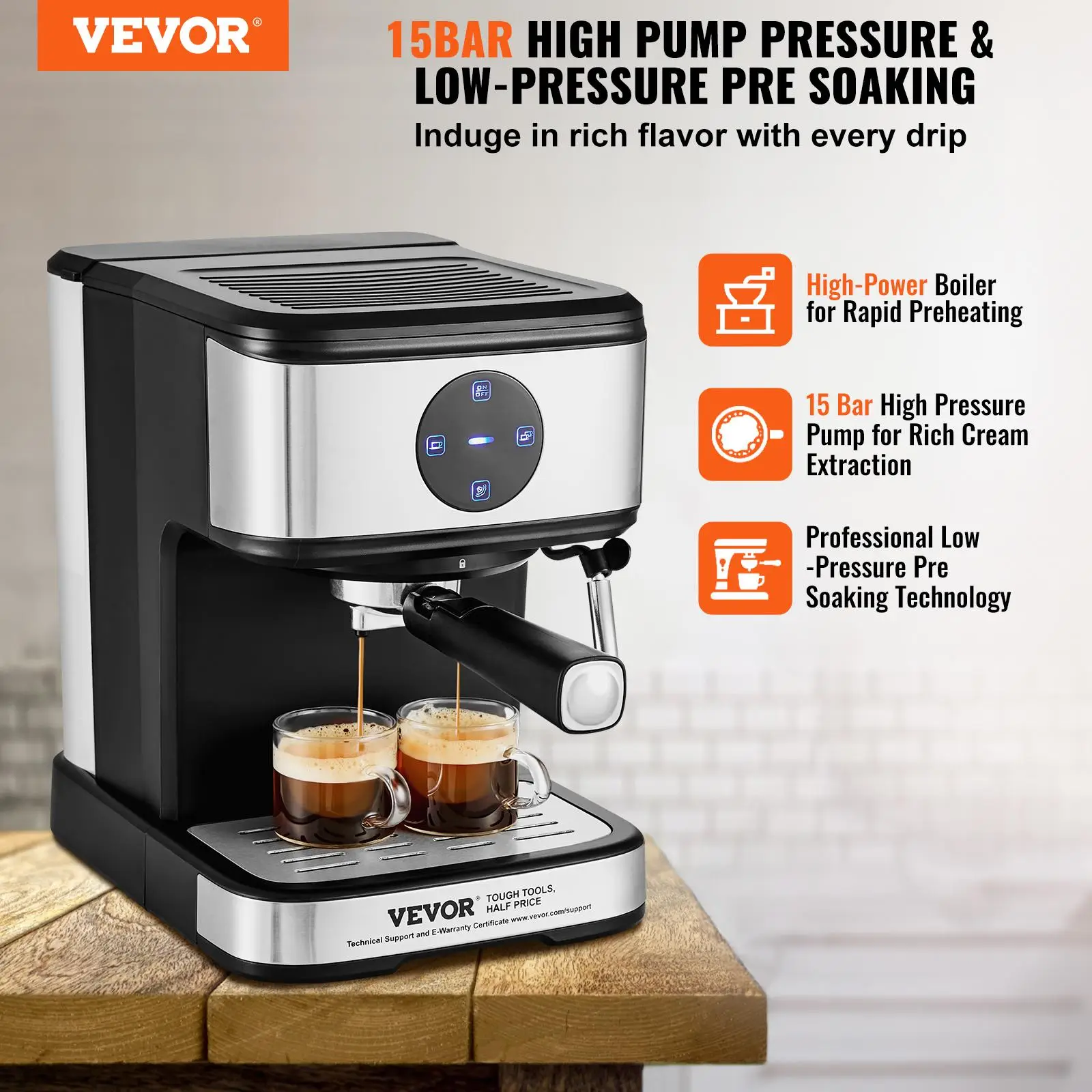 VEVOR Espresso Machine, 15 Bar Coffee and Espresso Maker with Milk Frother Steam Wand, Professional Semi-Automatic Cappuccino Latte Machine with Touch