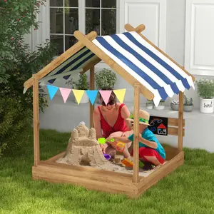 Kids Wooden Sandbox House with Canopy, Outdoor Playset for Ages 3-7, Covered Sand Box with Built-in Seating, Backyard Playground Equipment, Brown
