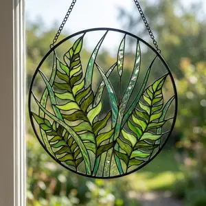 Fern-shaped stained glass window panel - Hanging fern-shaped window decoration. A gift for nature lovers.