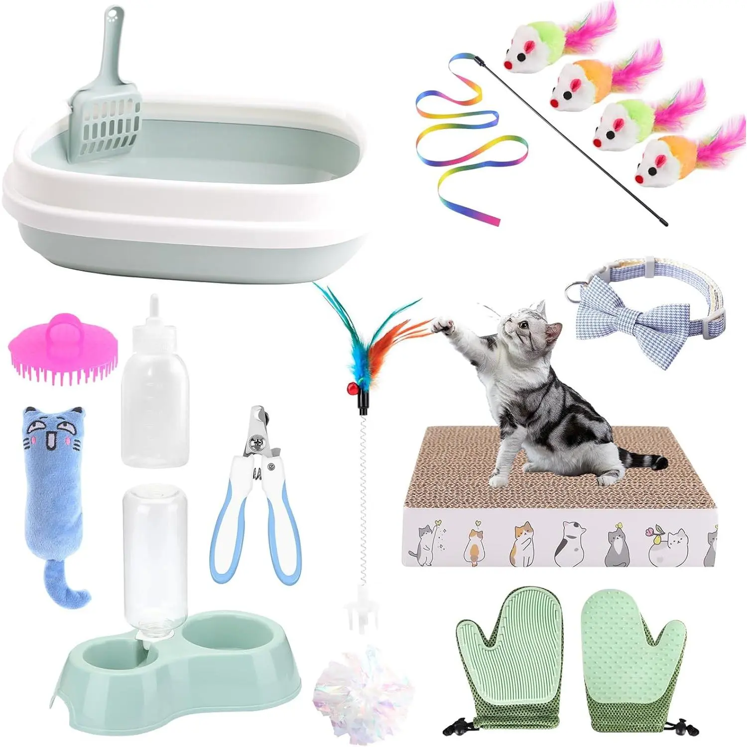 16-Pcs Blue Kitten Starter Kit - Cat Essentials Set with Cardboard Scratch Pad, Polypropylene Litter Box, Thermoplastic Rubber Teaser, Collars, Nail File, Automatic Feed Bowls, Grooming Gloves (15.7" x 13.1" x 4.72")