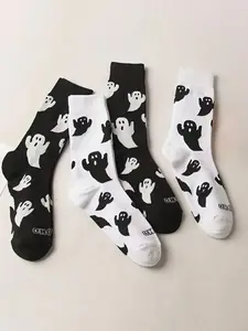 Women's Ghost Print Mid-calf Tube Socks, Casual Socks, Soft Comfy Breathable Socks for All Seasons Daily Wear